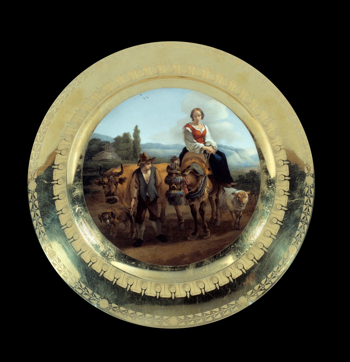 Oggetti del Primo Impero: piatto del Servizio del Principe Eugenio: bergère in un paesaggio vicino a Siena. Realizzato nella manifattura nota come il Duca d