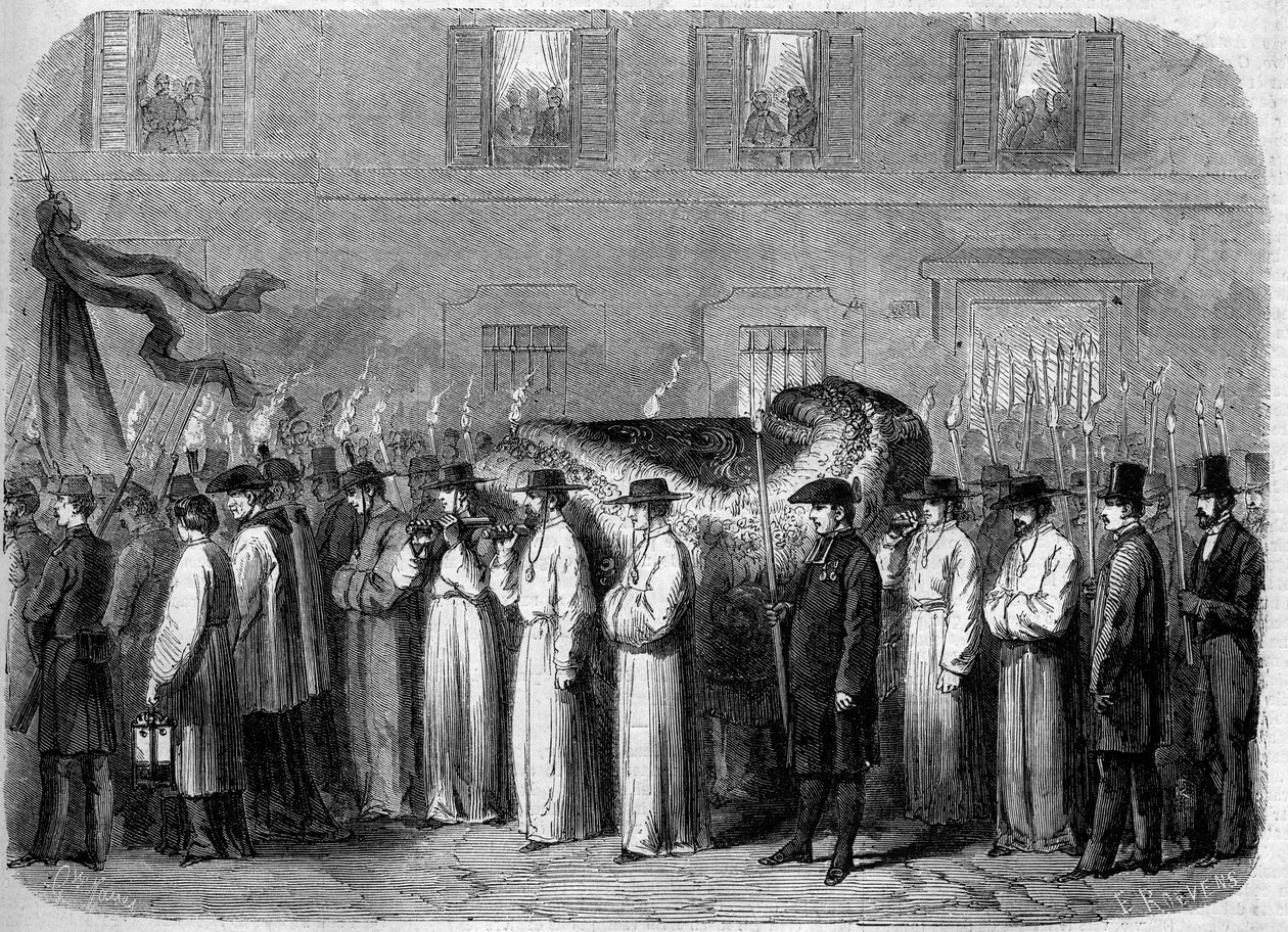 Esequi di Jean Baptiste (Giovanni Battista) Niccolini (1782-1861), 21 settembre 1861: corteo funebre che trasporta i resti del poeta italiano per le strade di Firenze (Firenze), Italia. Incisione in "Le Monde Illustré" n.234 del 5 ottobre da French School