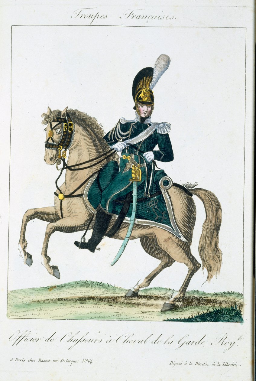 Ufficiale delle Guardie Reali a Cavallo, da Troupes Francaises, pub. chez Basset, Parigi, c.1790 da French School