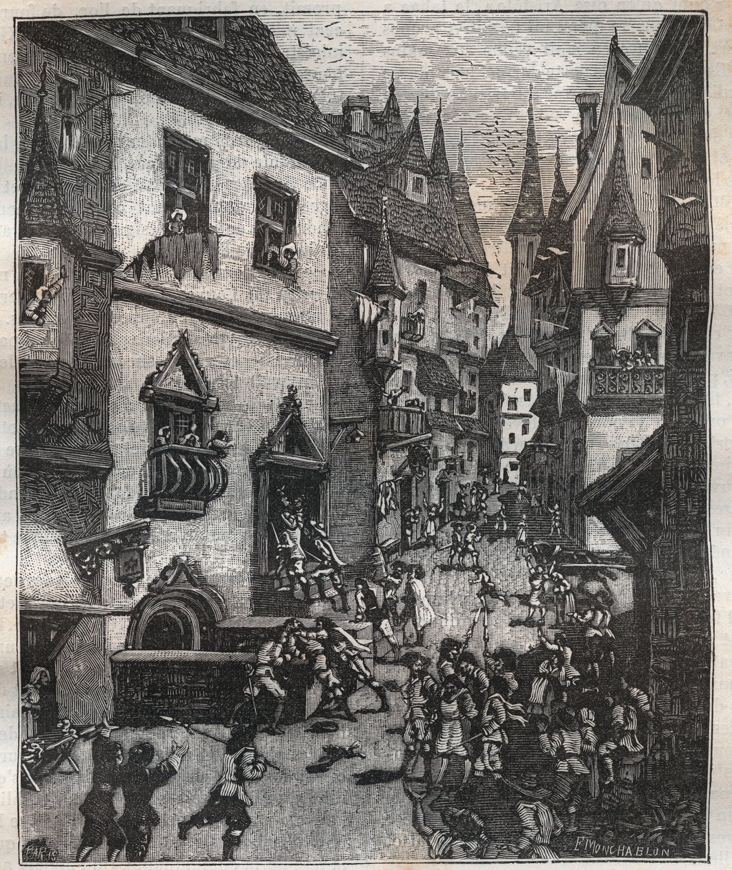 Il 20 maggio 1636 otto falsari furono arrestati in rue Champfleuri da due commissari di polizia accompagnati da una dozzina di sergenti - in "Paris à travers les siècles" di Nicolas Jules Henri Gourdon de Genouillac (1826-1898) da French School