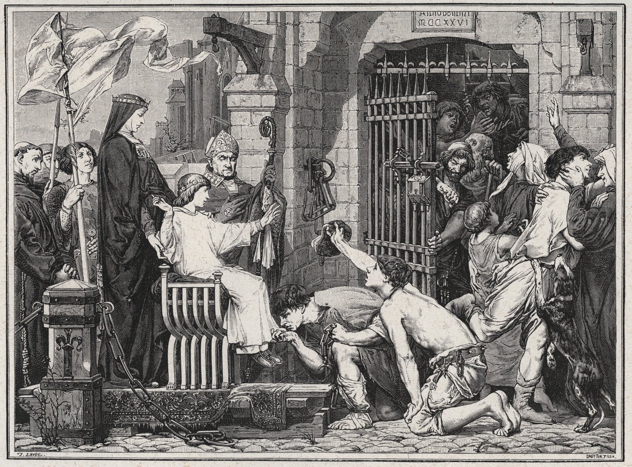 In occasione del suo futuro (1227), il giovane Luigi IX fece prigionieri - incisione in "Les Hommes Célèbres de la France" di Louis Dumas 1889 da French School