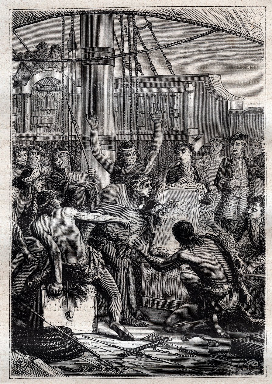 Solo uno specchio aveva il dono di eccitare il loro stupore: Viaggio di Samuel Wallis (1728-1795) in Polinesia - indigeni stupiti da uno specchio - illustrazione tratta da 