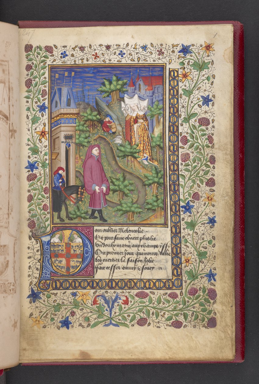 Pagina di apertura. Un gentiluomo in un paesaggio, seguito da un altro a cavallo, con tre signore. 