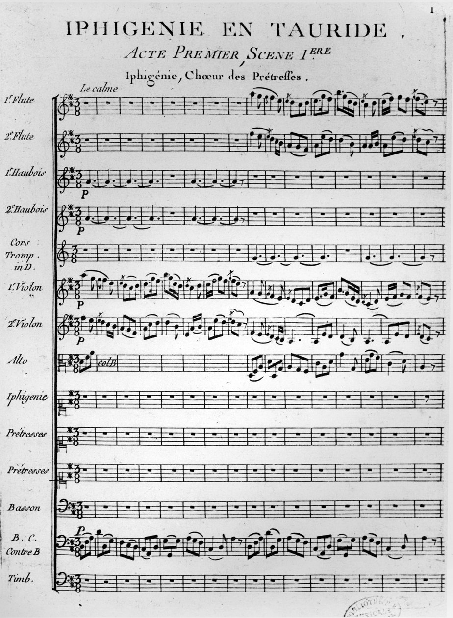 Pagina di apertura della partitura di Ifigenia in Tauride di Gluck (stampa) da French School