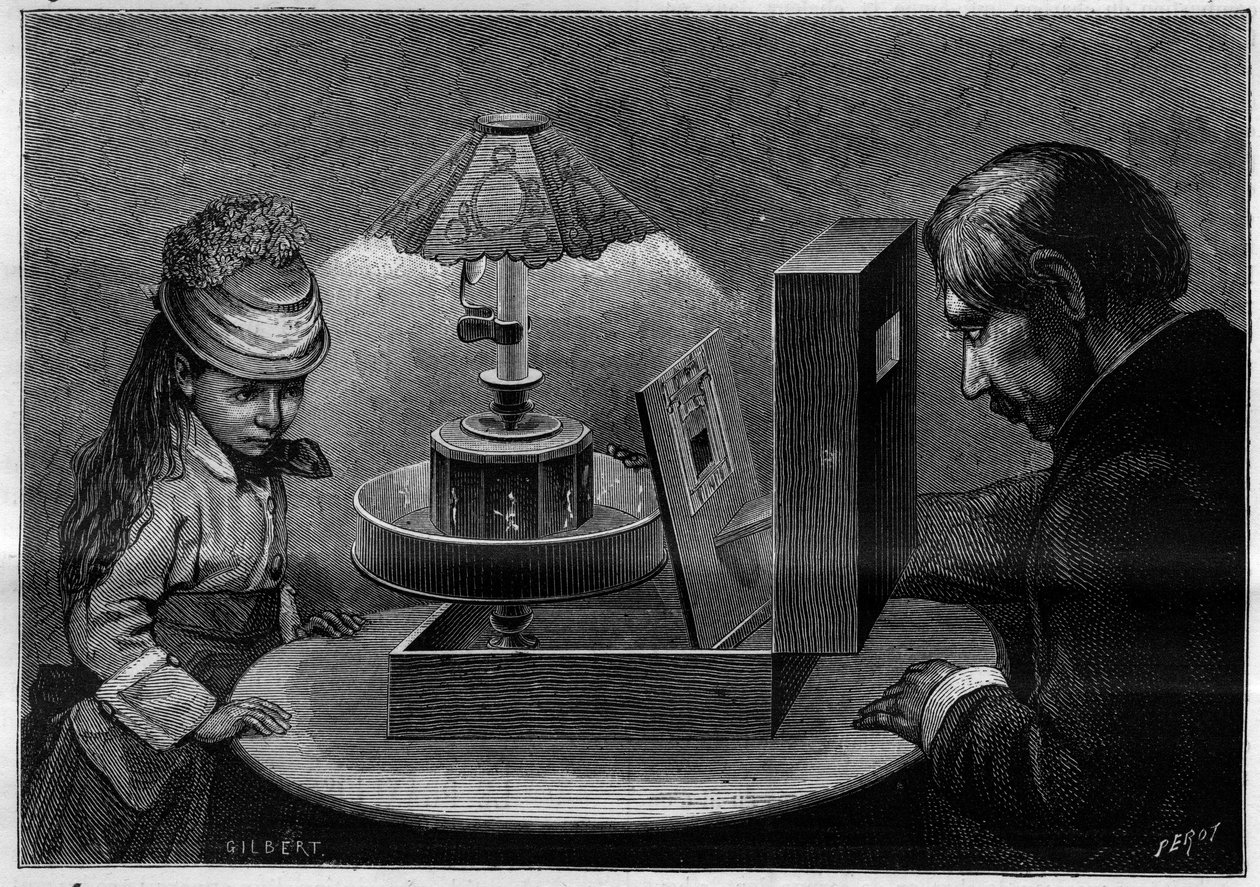 Illusione ottica: il teatro del prassinoscopio, apparecchio inventato da Émile Reynaud (1844-1918). Incisione in 
