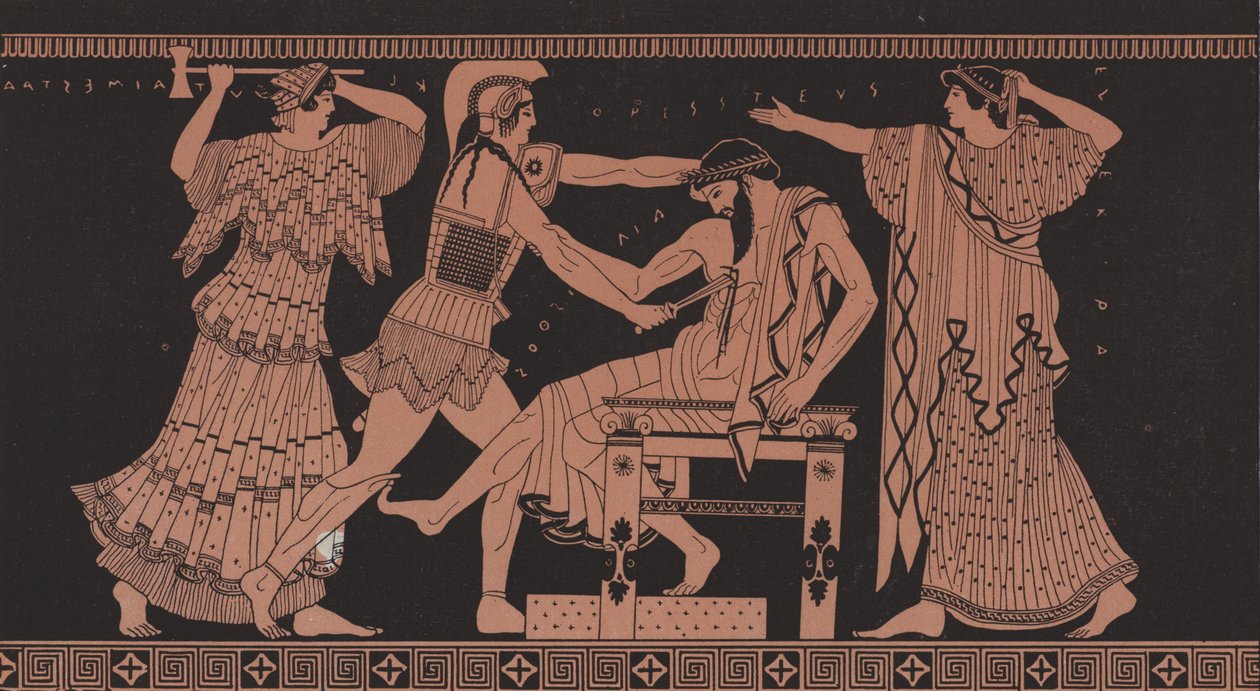 Oreste che uccide Egisto (litografia a colori) da French School
