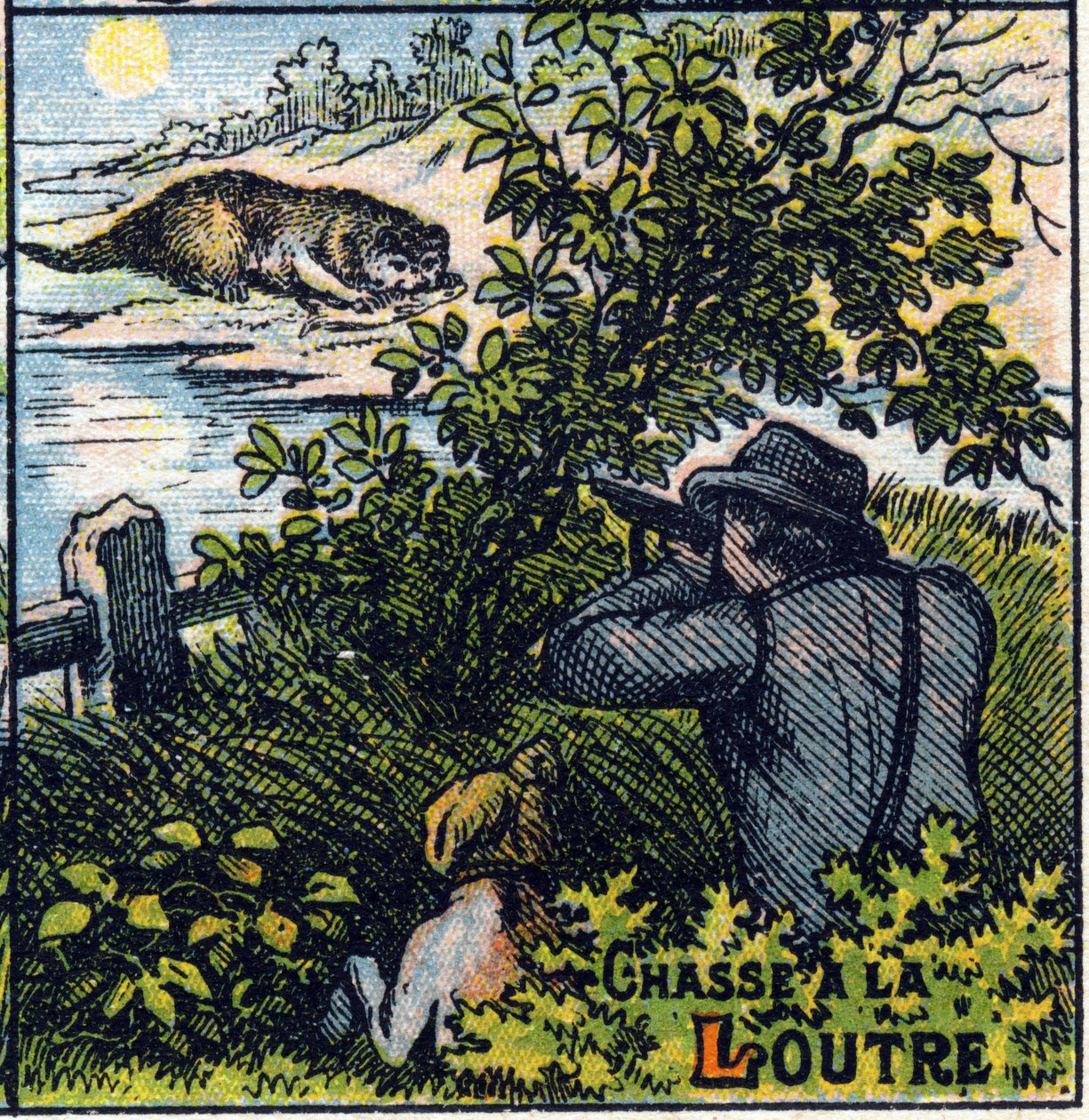 Scena di caccia alla lontra. Alfabeto sillabico delle cacce Immagini di Epinal da French School