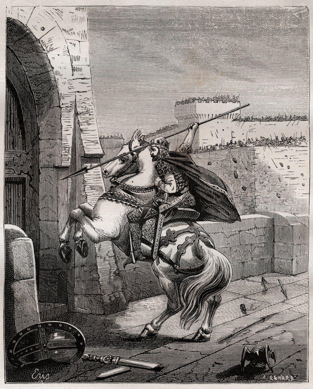 Ottone II, Sacro Romano Imperatore davanti a Parigi - Ottone II del Sacro Impero, detto il Rosso (955-983) irritato per non poter penetrare a Parigi (assedio di Parigi, 978), avanza sotto le mura della città per piantare la sua lancia nella porta - incisio da French School