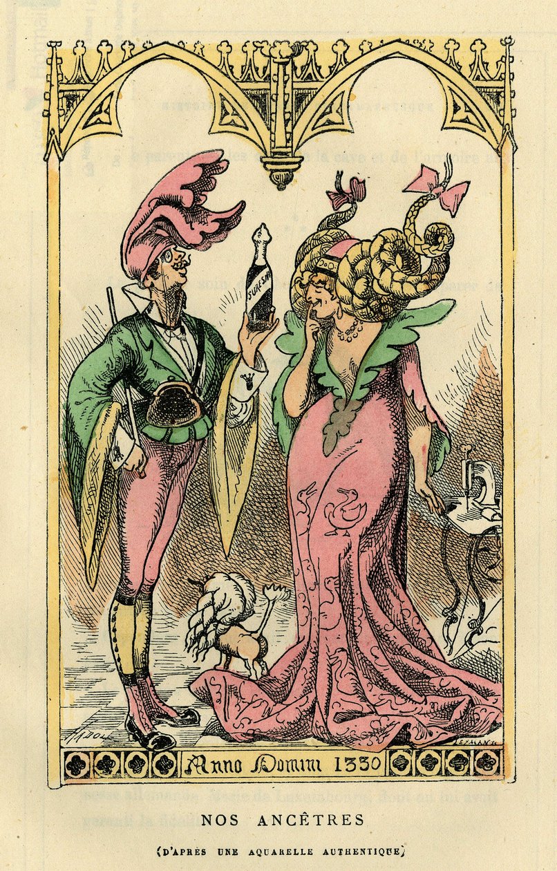 I nostri antenati, caricatura da un acquerello del 1330. In "Histoire de France Tintamarresque" di Touchatout, Parigi da French School