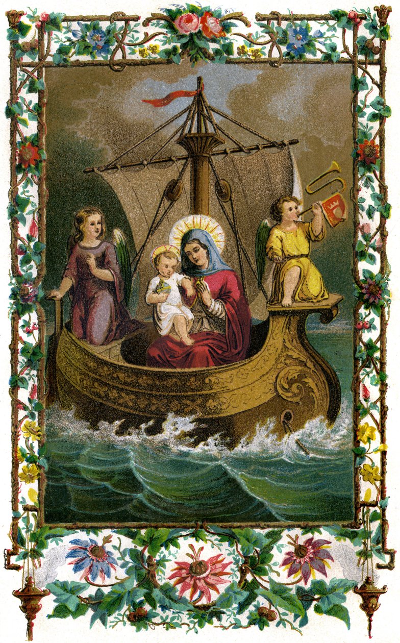 Nostra Signora di Boulogne, la Santa Vergine Maria e il Bambino Gesù (Cristo) in una barca sul mare da French School