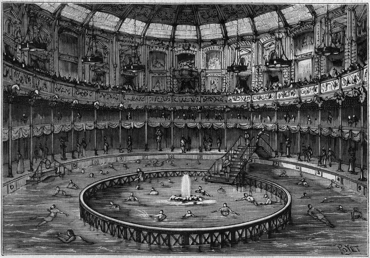 Panoramica della piscina in Rue Saint Honoré, a Parigi. Incisione in "La Nature. Revue des sciences et de ses applications aux arts et à l