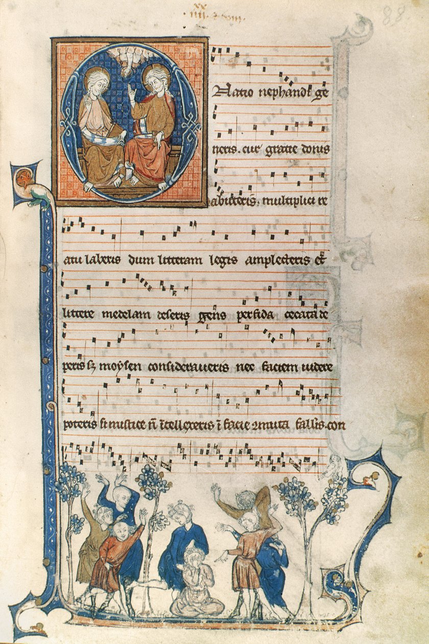 Pagina di un manoscritto per un cantante parigino, con illustrazioni della Santissima Trinità e del gioco Mosca Cieca, c.1280-1315 da French School