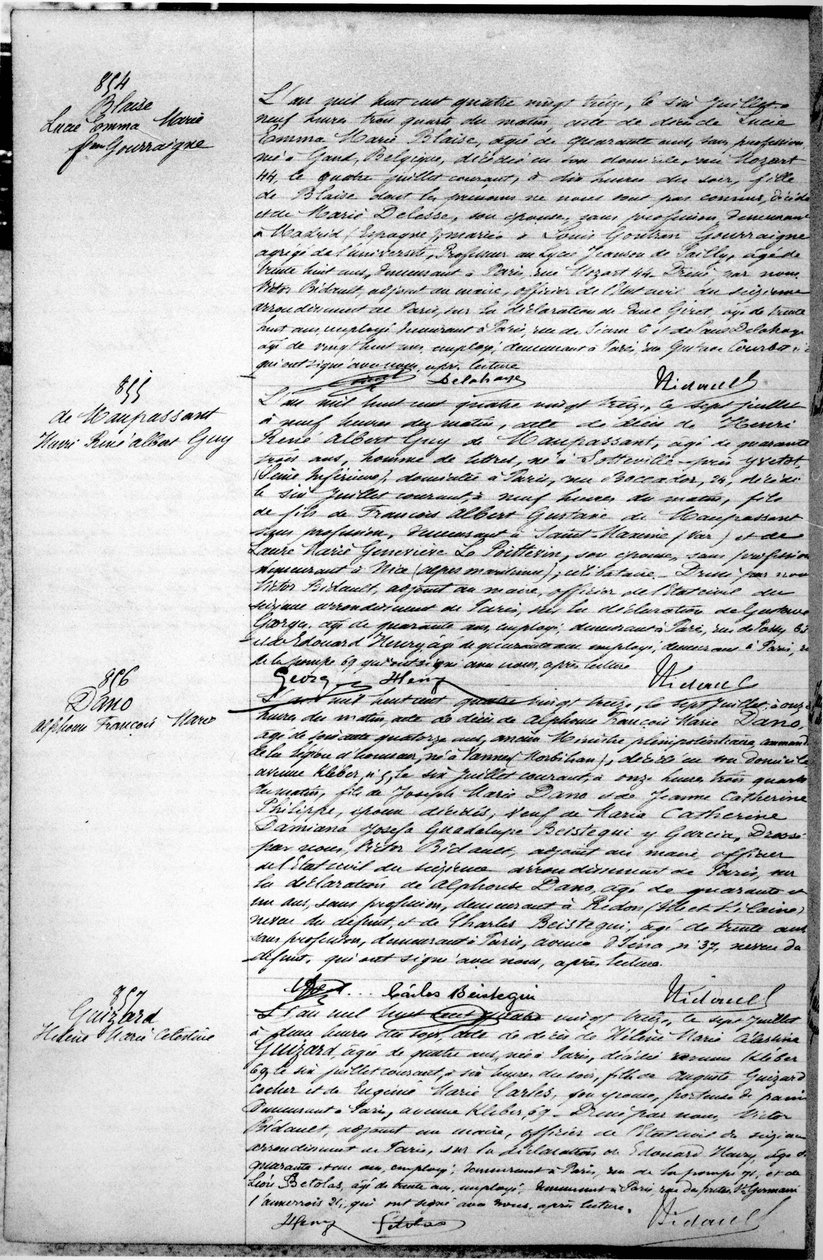 Pagina con il certificato di morte di Guy de Maupassant (1850-93) 7 luglio 1893 da French School
