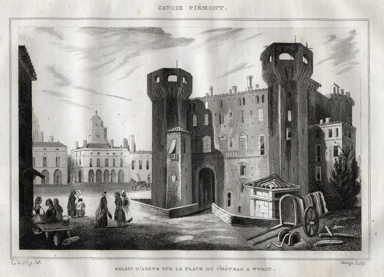 Palazzo di Aosta sulla Place du Chateau a Torino - Incisione da 