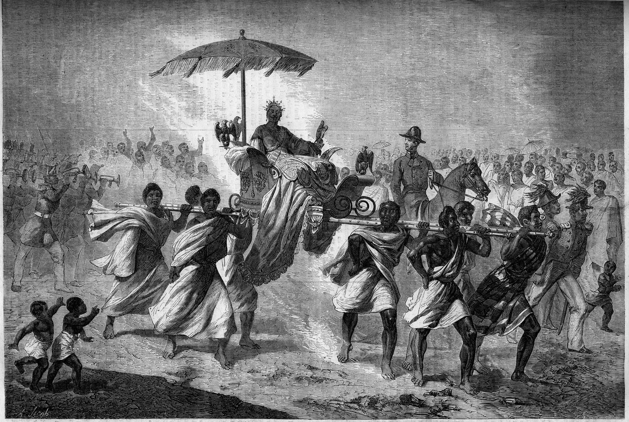 Passeggiata in palanchino della regina del Madagascar Raboude (Rasoherina), moglie di Radama II. Incisione in "Le Monde Illustré" n. 303 del 31 gennaio da French School