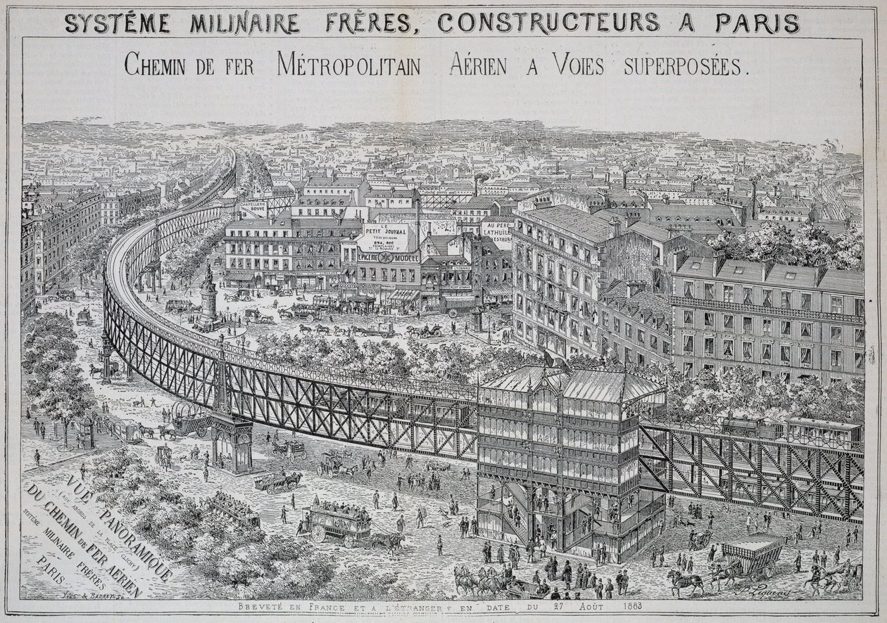 Veduta panoramica della Metropolitana sopraelevata a Parigi, illustrazione da Le Metropolitain, maggio 1885 da French School