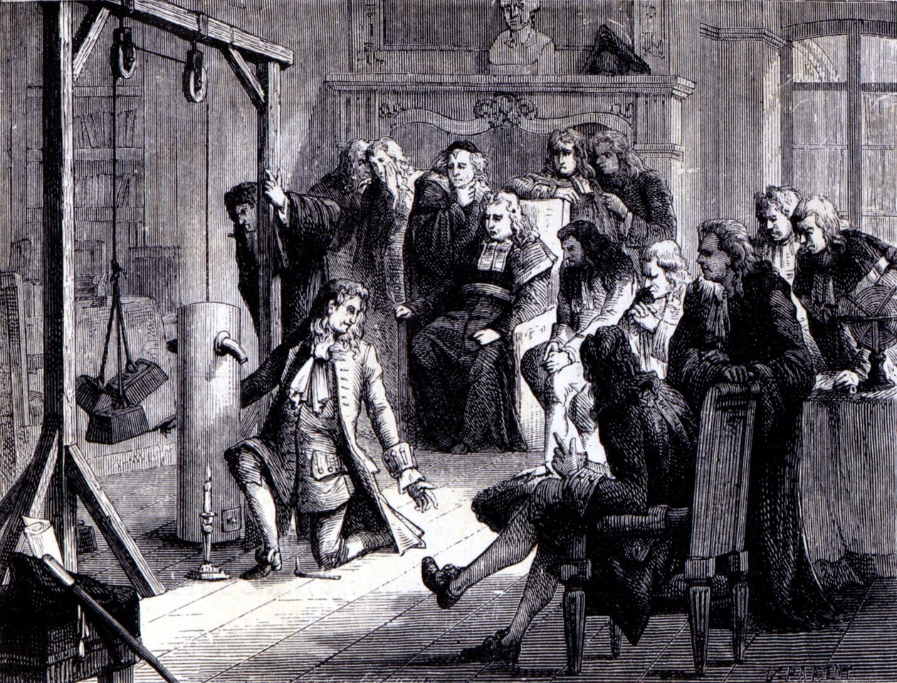 Papin (1647 - 1714) sperimenta la sua macchina a polvere davanti ai professori dell