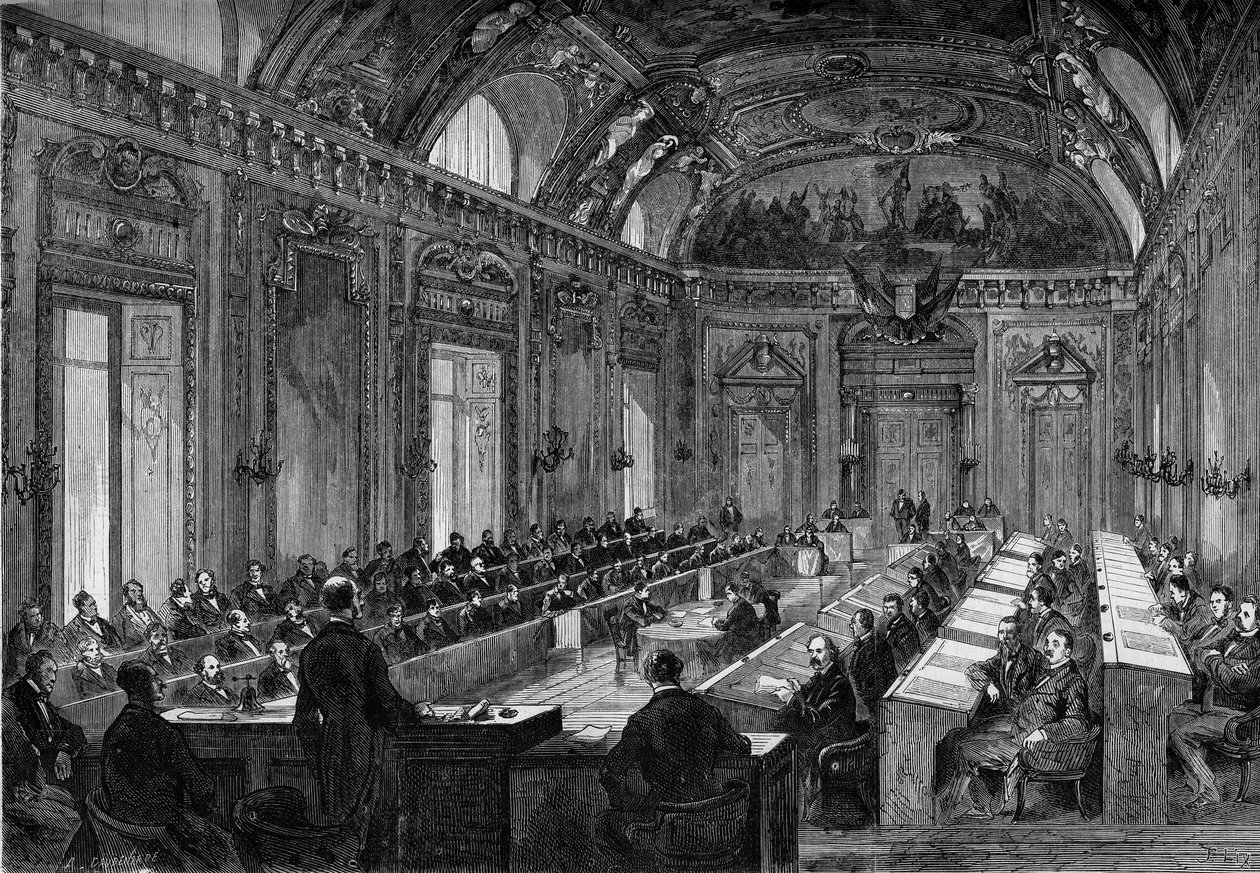 Parigi, 4 agosto 1871: prima riunione del consiglio comunale nella Sala del Trono del Palazzo del Lussemburgo. Incisione in "Le Monde Illustré" n.748 del 12 agosto 1871 da French School