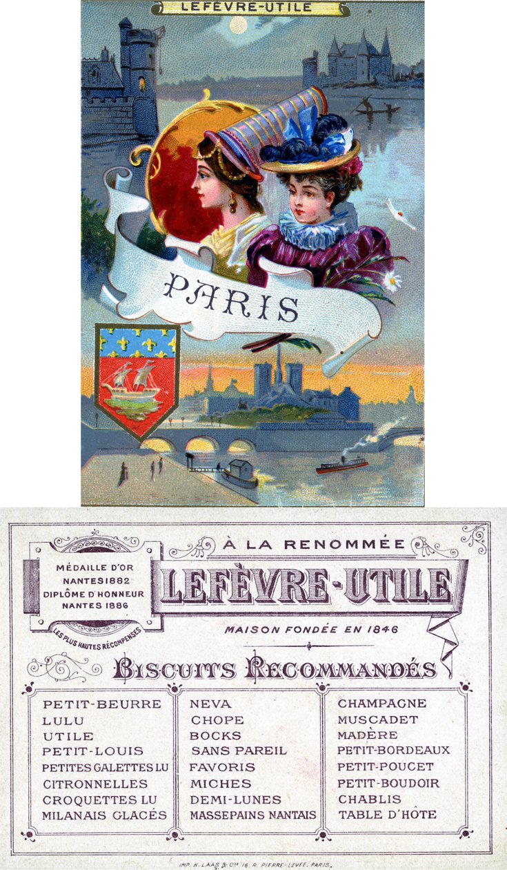 Parigi, fronte e retro di una cartolina promozionale per i biscotti Lefèvre-Utile (LU), fine XIX secolo da French School