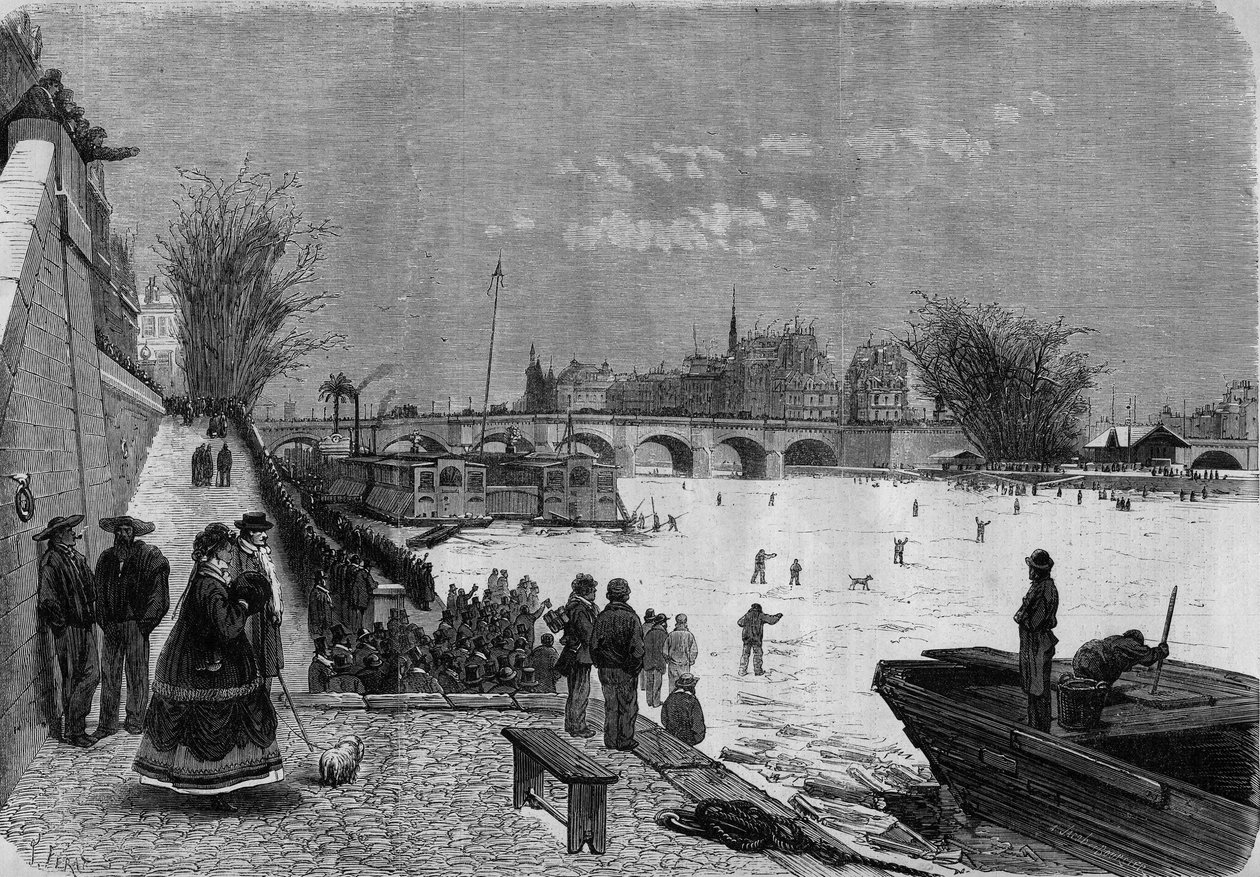 Parigi, inverno 1868: la Senna ghiacciata. Vista del fiume all