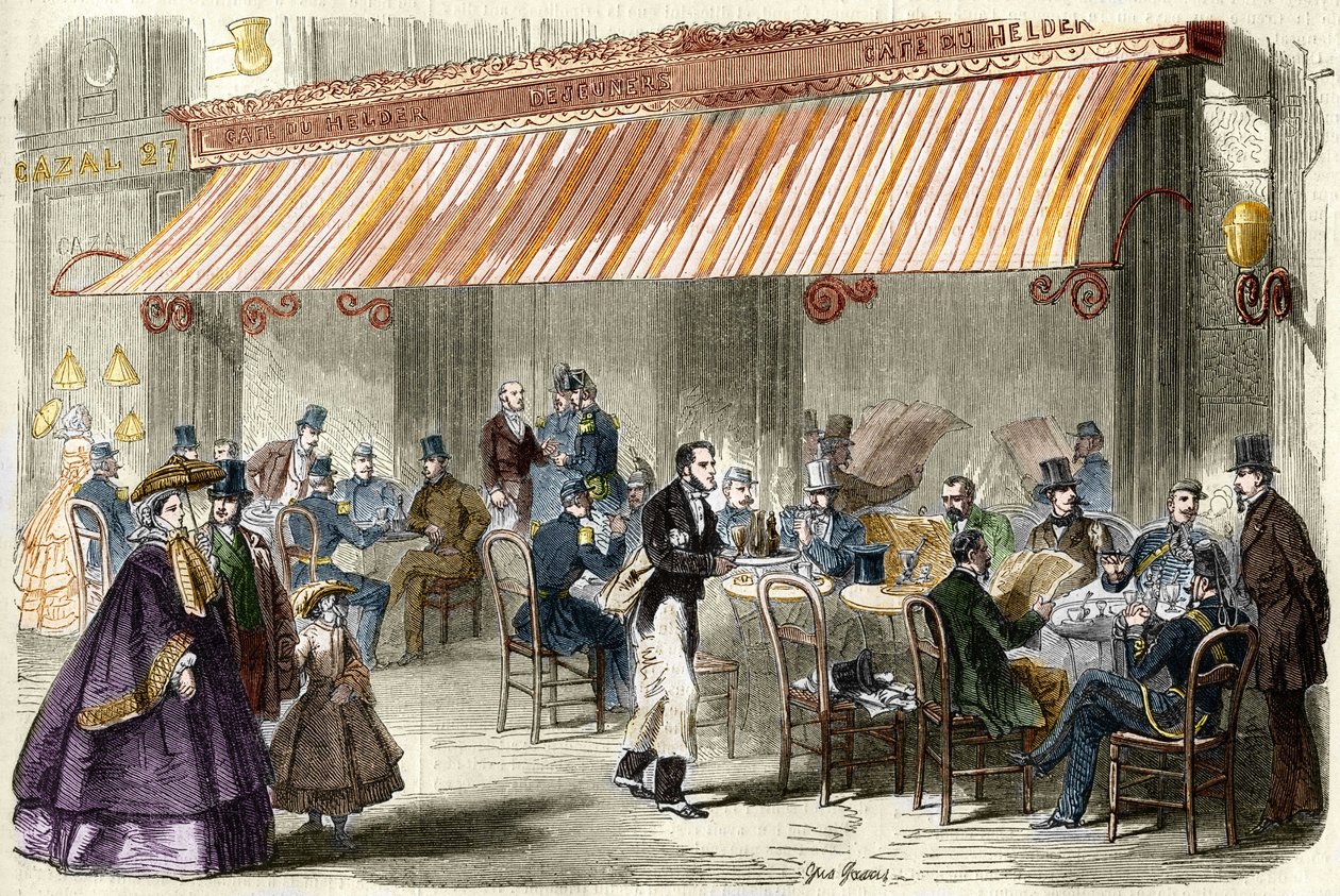 Parigi nel XIX secolo. Il boulevard des Italiens nel 1859: fuori dal caffè Helder alle cinque del pomeriggio da French School