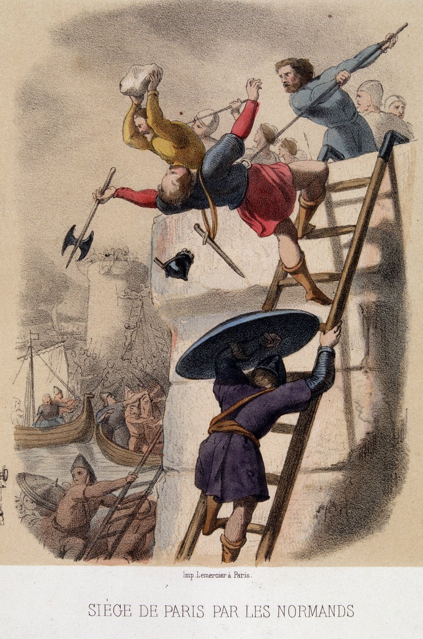 Assedio di Parigi da parte dei Normanni (885) - litografia, fine XIX secolo da French School