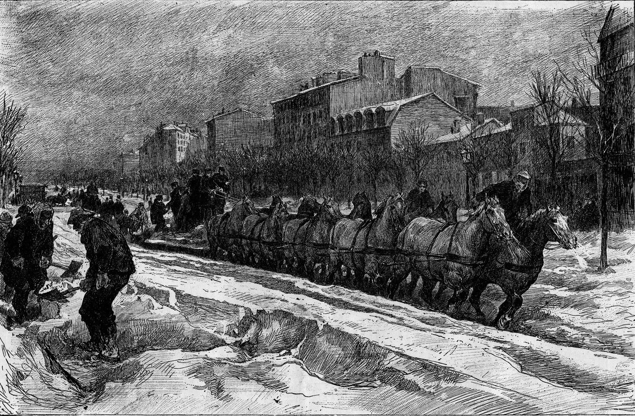 Parigi sotto la neve, inverno 1879-1880: lo spazzaneve del Boulevard Montparnasse. Incisione in 