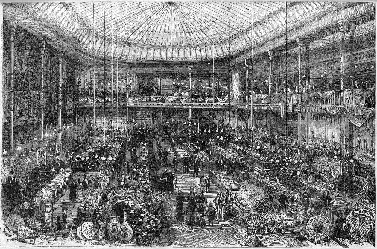 Grandi magazzini parigini: vista della sala del negozio Little Saint Thomas nel 1878. Incisione di Scott in "The Illustrous World" n°1124 del 12 ottobre da French School