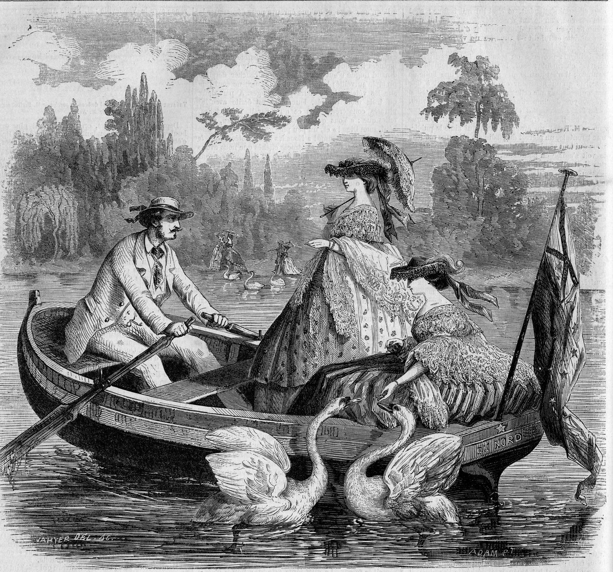 Mode parigine, estate 1857: gita in barca su un lago. Incisione in 