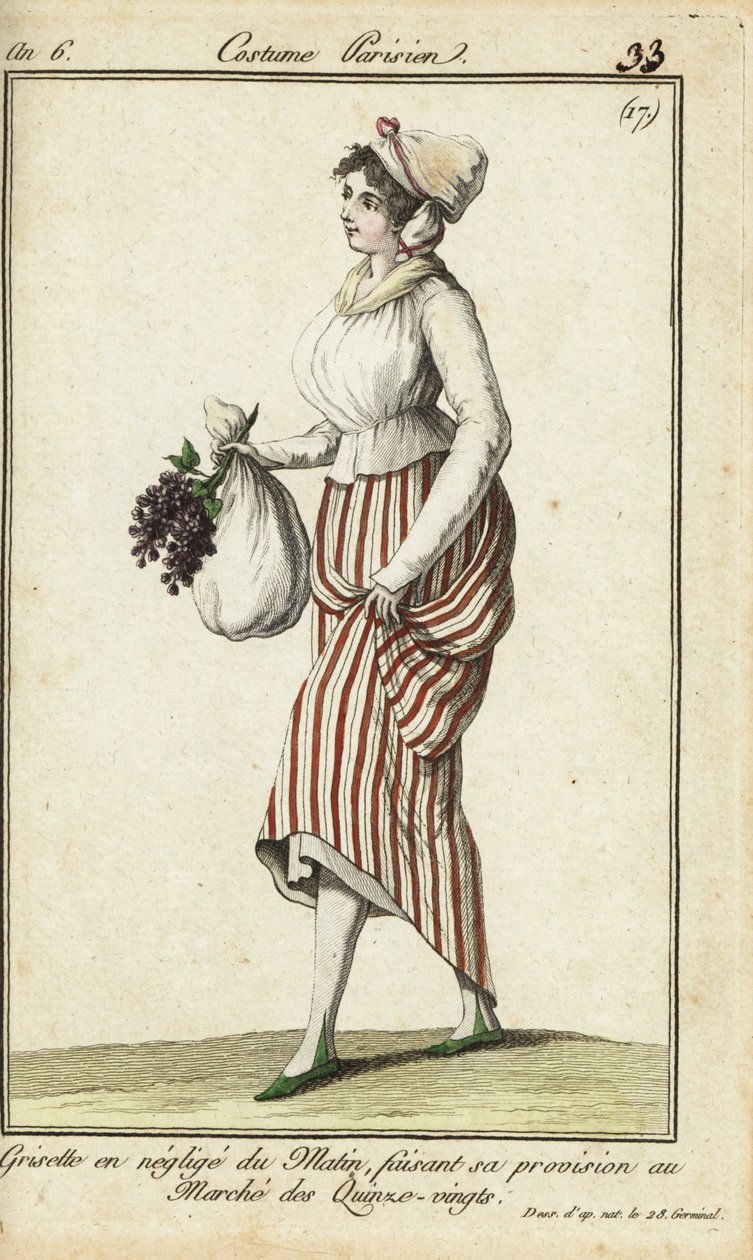 Commessa parigina in abito da mattina casual, 26 marzo 1798 (incisione a mano colorata su rame) da French School