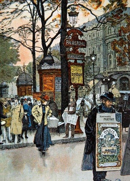 Scena di strada parigina vicino alla stazione della metropolitana di Palais-Royal, c.1900 da French School