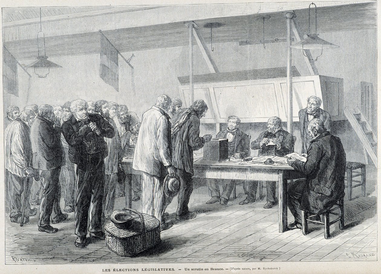Elezioni parlamentari: un seggio elettorale a Beauce - in "Le Monde Illustré", marzo 1876 da French School
