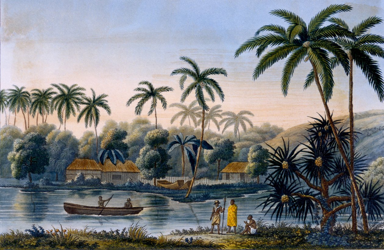 Parte del villaggio di Matavae, palme da cocco e altri frutti, Tahiti, da Voyage autour du Monde sur la Corvette Coquille di Tenente Louis Isodore Duperrey, pubblicato nel 1826 da French School