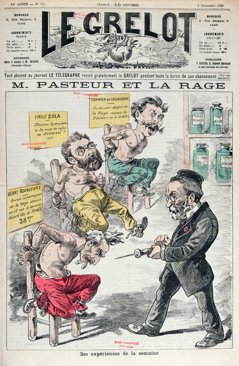 Pasteur e la rabbia, caricatura degli esperimenti di Louis Pasteur (1822-95) da Le Grelot, 8 novembre 1885 da French School