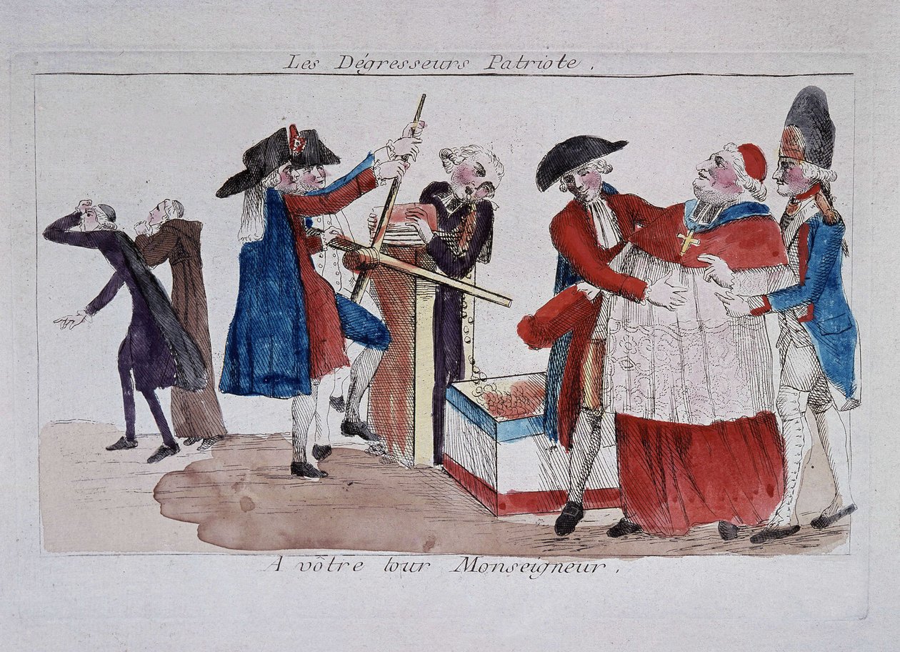 Patriote scans: commissari che passano il clero in una pressa per farli dimagrire, fine XVIII secolo da French School