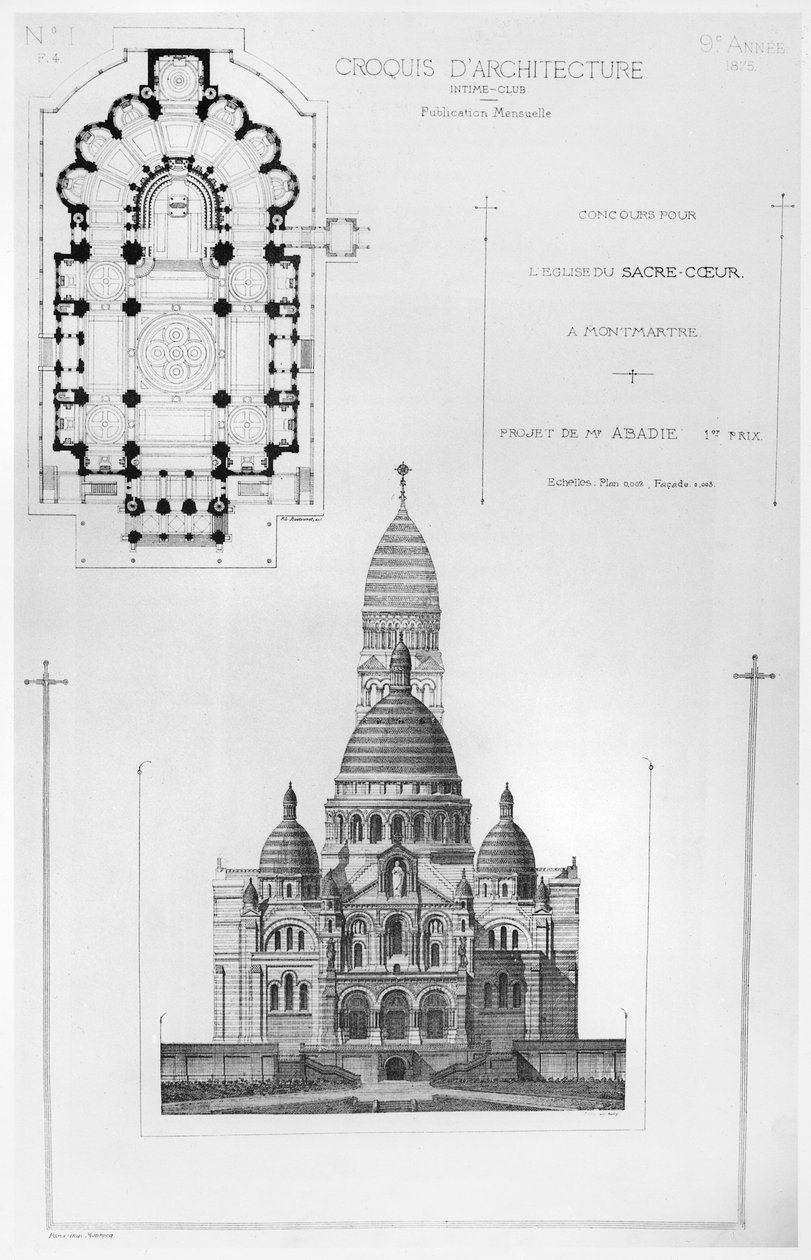 Progetto vincente di Paul Abadie nel concorso per il design del Sacré-Coeur a Montmartre, da Croquis d