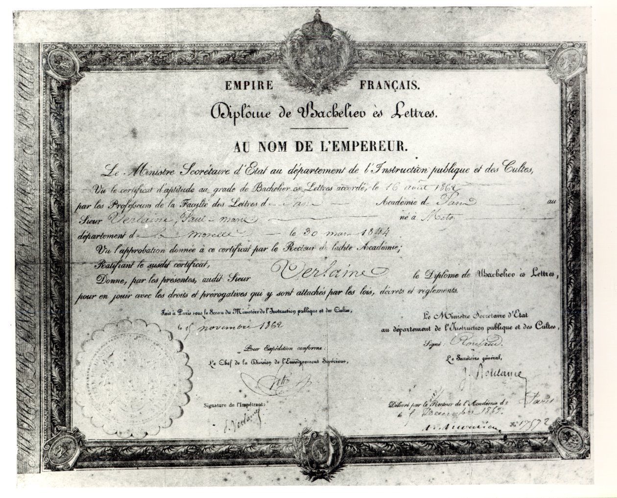 Baccalaureato di Paul Verlaine, 1862 da French School