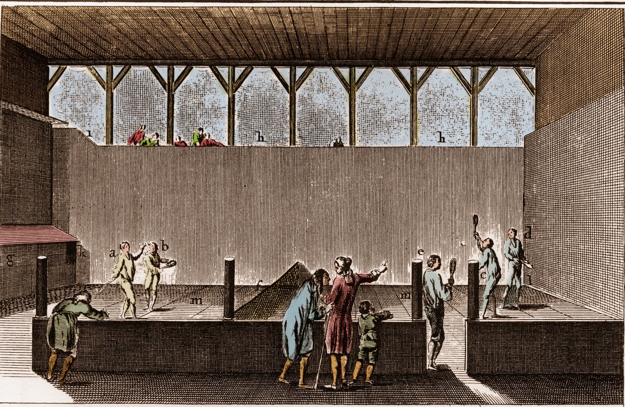 Paulmerie - Gioco della palma e racchette da neve - Campo di Jeu de Paume - "La Grande Encyclopedie, ou Dictionnaire Raisonne des Sciences, des Arts et des Metiers" (Enciclopedia o Dizionario delle Scienze, Arti e Professioni) di Denis Diderot (1713-1784)  da French School