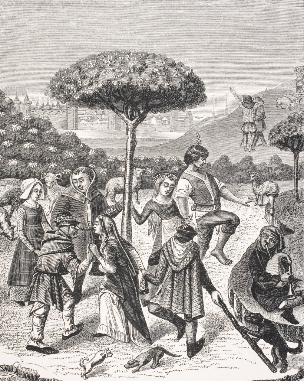 Danza dei Contadini delle Feste di Maggio, da una miniatura in un libro di preghiere del XV secolo, da 