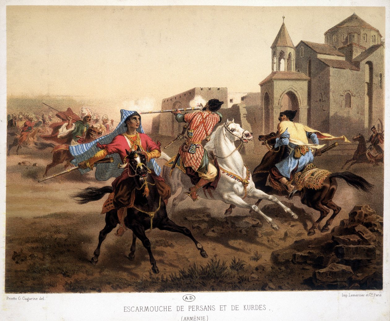 Scaramuccia tra persiani e curdi in Armenia - litografia da French School