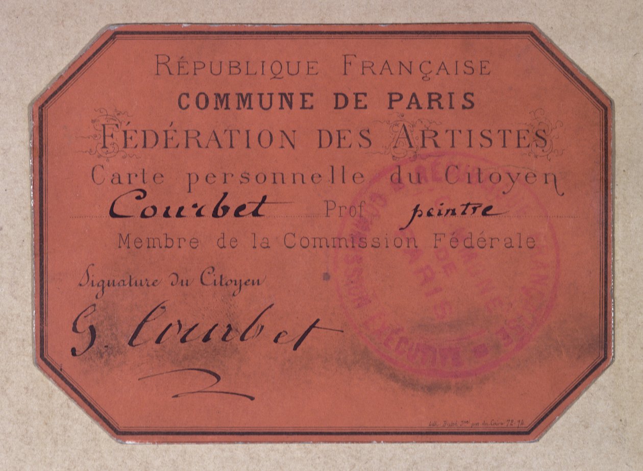 Tessera personale emessa dalla Federazione degli Artisti di Parigi durante la Comune di Parigi appartenente a Gustave Courbet, 1871 da French School