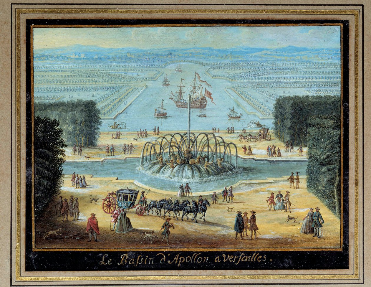 Veduta del Bacino di Apollo e del Gran Canale con la sua flottiglia a Versailles Dipinto a gouache e dorature della Scuola Francese. Circa 1705 da French School