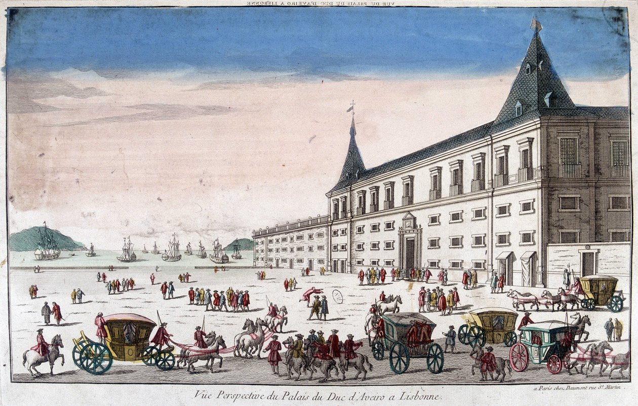 Veduta prospettica del Palazzo del Duca di Aveiro a Lisbona - incisione da French School