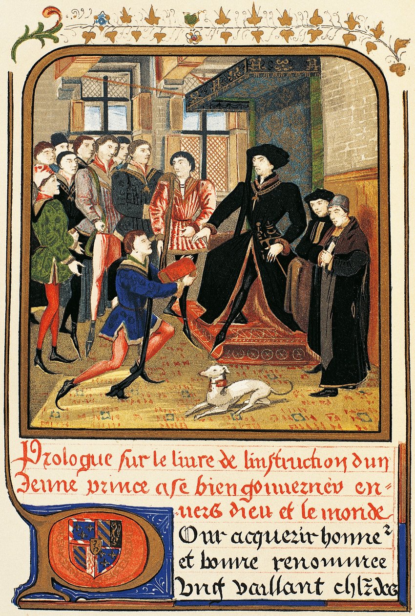 Filippo il Buono (1396-1467) sotto il baldacchino, incisione da Instruction jeune prince, contenuta in Dictionary of Furniture and Decoration, Henry Havard, Volume II da French School