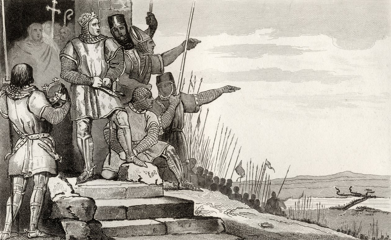 Filippo II Augusto (1165-1223) vince la battaglia di Bouvines dopo la preghiera, da 