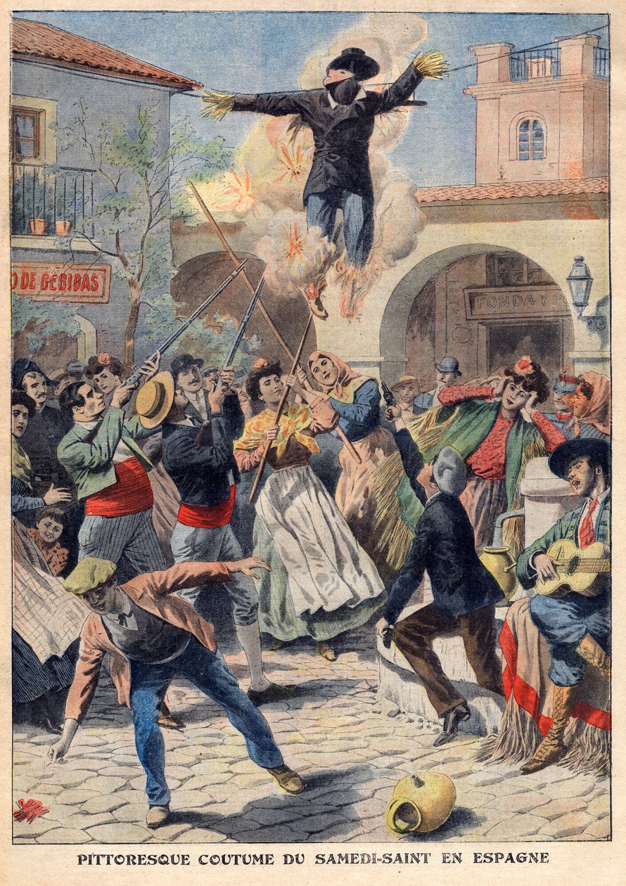 Usanza pittoresca del Sabato Santo in Spagna: la gente fa un manichino di vimini vestito di pelli (Giuda) che viene portato per le strade, inveito, sparato e bruciato - illustrazione da "Le Petit Journal" del 31 marzo da French School