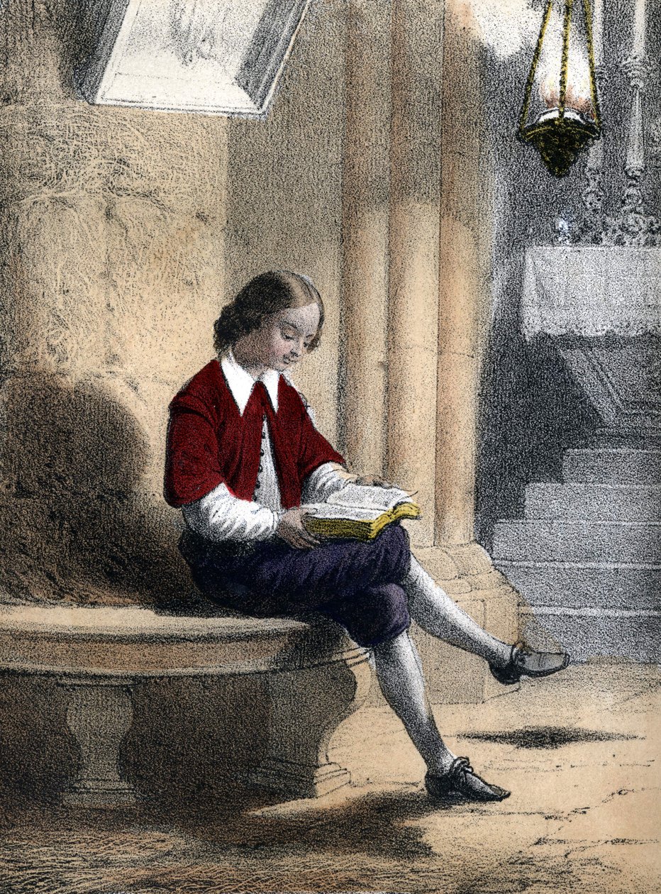 Pierre Gassendi (1592 - 1655): seduto sotto la lampada sospesa dalla volta (della chiesa), iniziò a leggere - in "Les enfants illustres - tales historiques" di Madame Eugenie Foa da French School