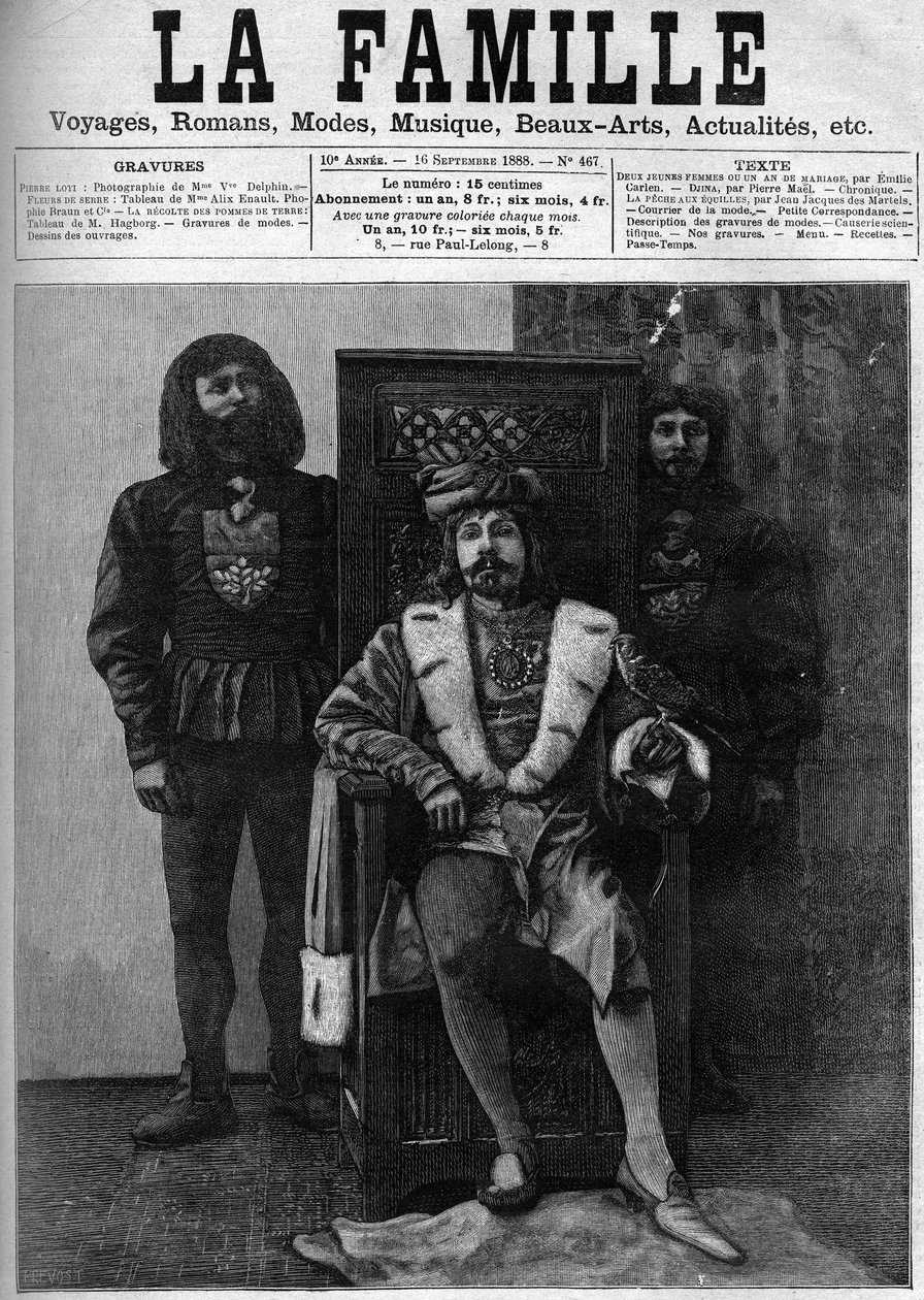 Pierre Loti in costume di Luigi XI riceve i suoi ospiti nel suo castello durante una festa in un decoro del periodo di Luigi XI. Copertina di "La Famiglia" del 1888. da French School