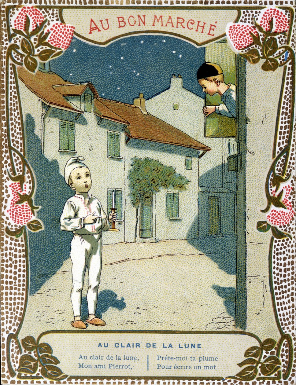 Pierrot con la candela, "Au clair de la lune" - etichetta di "Le Bon Marché" da French School