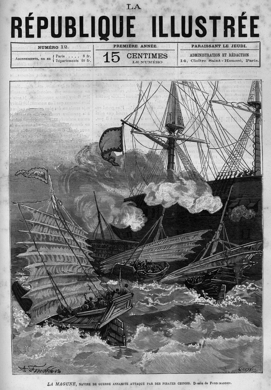 Pirati: la nave da guerra annamita "La Magune" attaccata da pirati cinesi. Un giornale. Incisione del 1880 in "La republique illustree" collezione privata. da French School